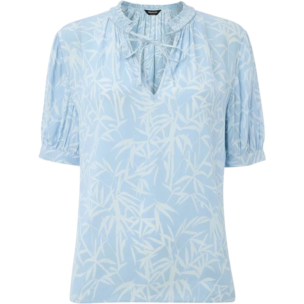Whistles Blue Bamboo Leaves Tie Neck Blouse